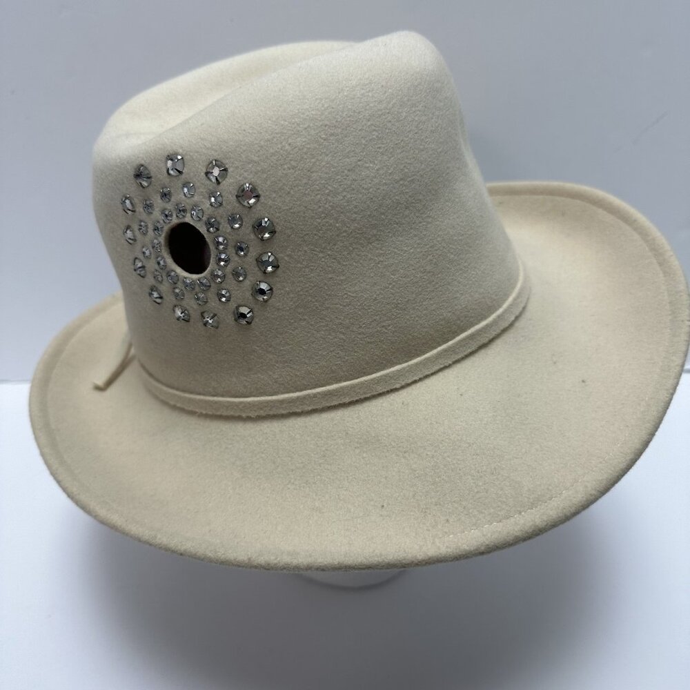 Vintage Adolfo ll Wool Felt Women's Pierced Hat with Stones Beige